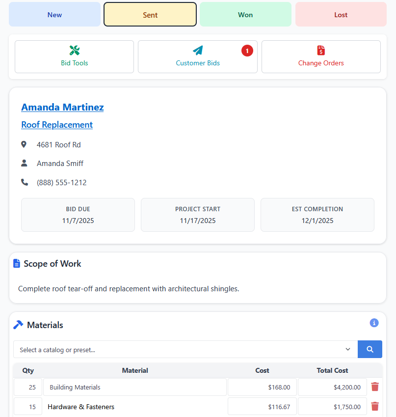 Create contractor bid in BidHero
