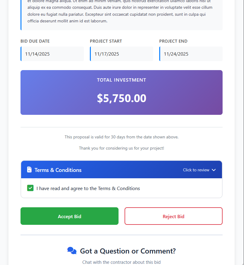 Send bid to customer portal